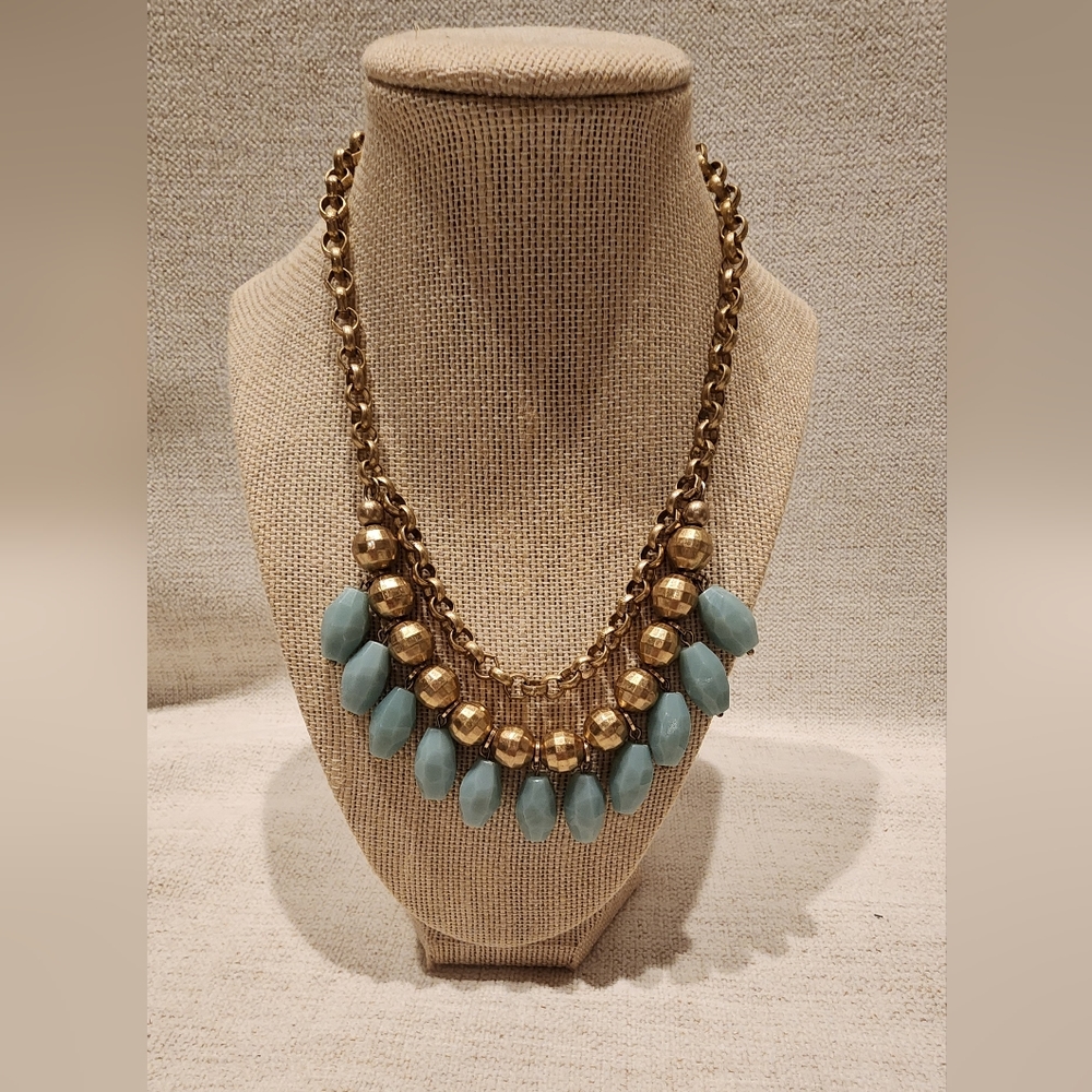 Lia Sophia Cabana Chunky Statement Necklace Gold & Aqua Beaded